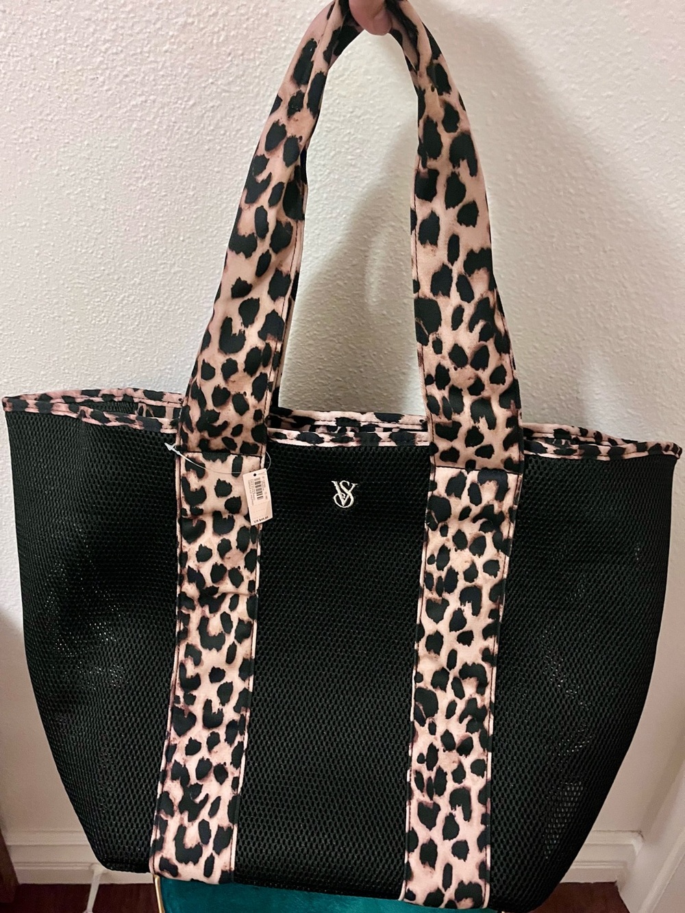 Large Victorias Secret leopard Trim Black Mesh Tote Bag- Brand new